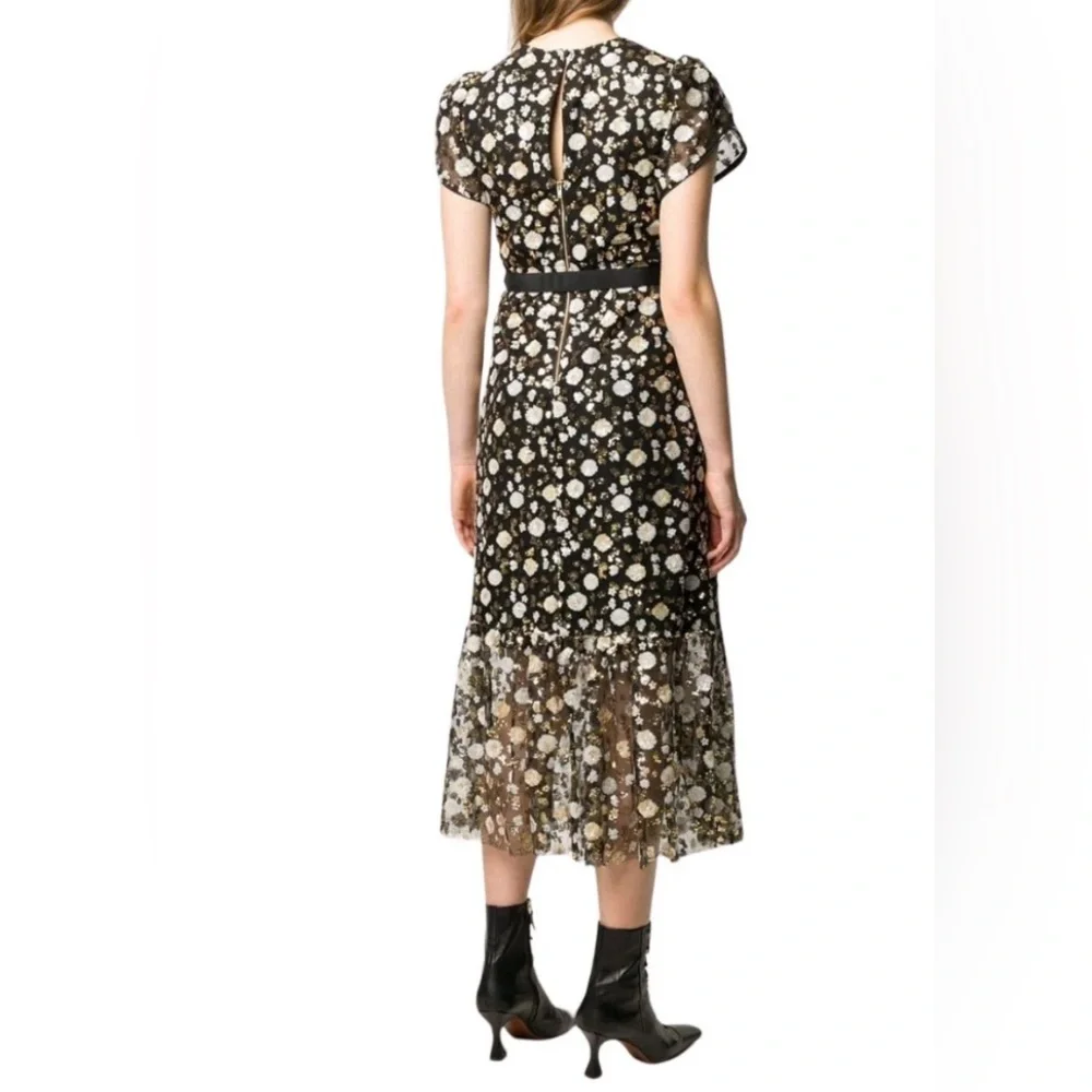 New Self-Portrait Black Sequins Embellished Short Sleeves Belted Mesh Midi Dress - Picture 3 of 14